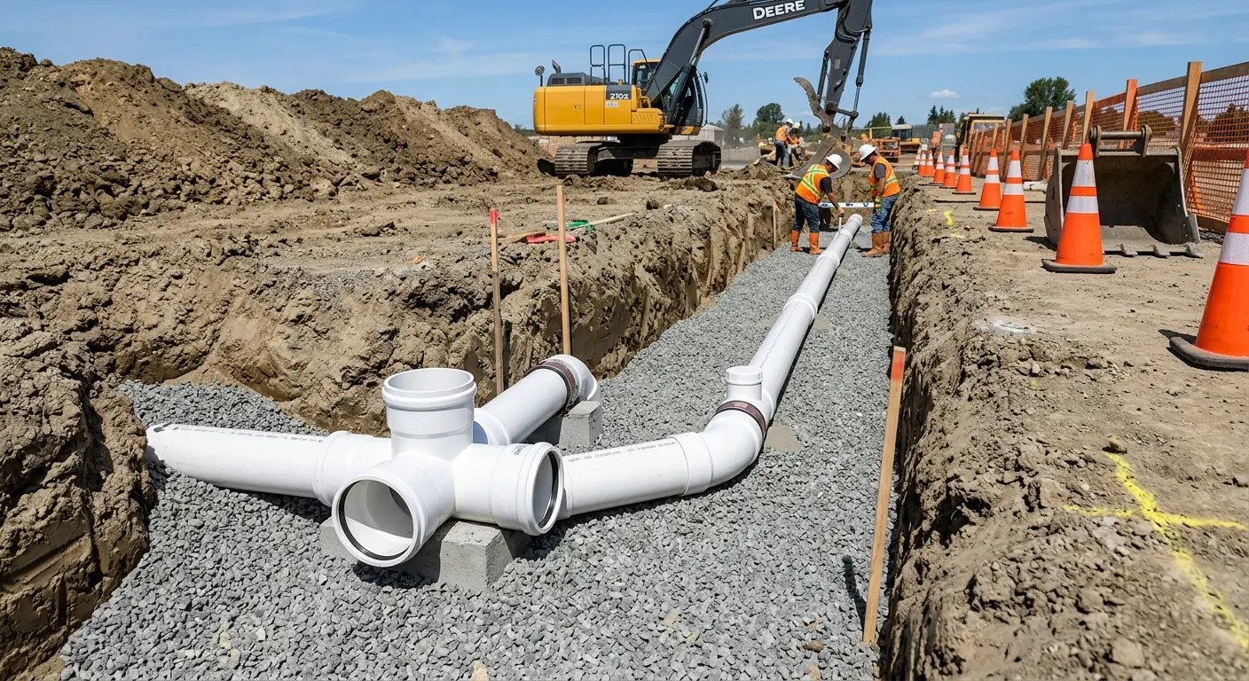 New PVC sewer pipe installation in open trench for Sewer Backup in Potomac Park